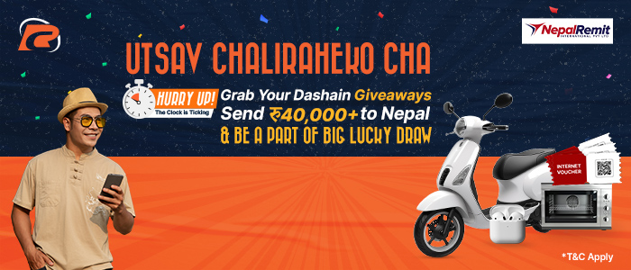 A young man with a phone, alongside a white scooter, microwave, speaker, and internet voucher promoting the Dashain Giveaway by Remit Choice and Nepal Remit.