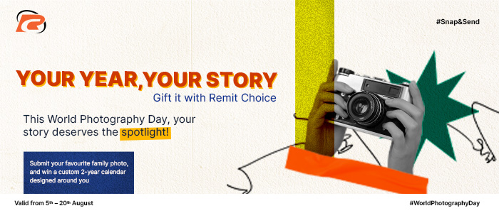 World Photography Day campaign banner by Remit Choice with slogan `Your Year, Your Story – Gift it with Remit Choice`, featuring a person holding a camera, colorful abstract shapes, and details about winning a custom 2-year calendar by submitting a family